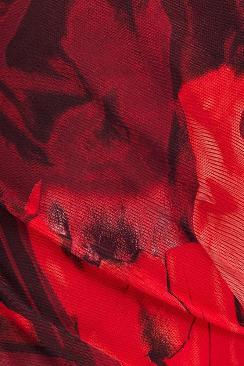 Red Abstract Mesh Mini Dress V Neck Long Sleeve Ruched