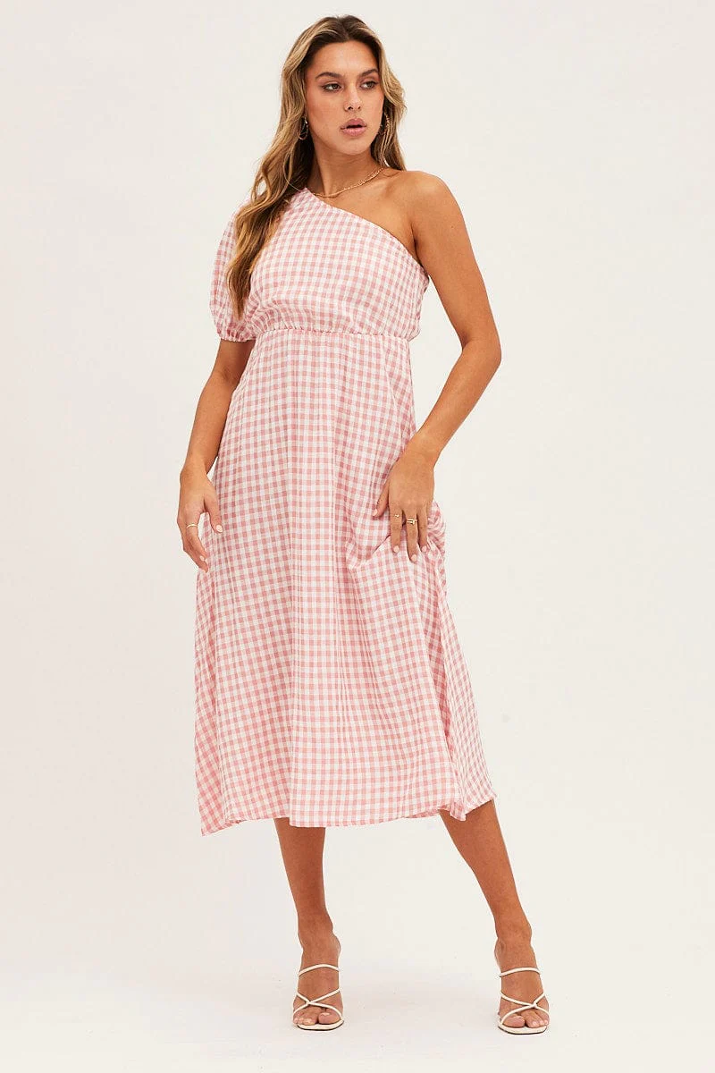 Stripe Check One Shoulder Midi Dress