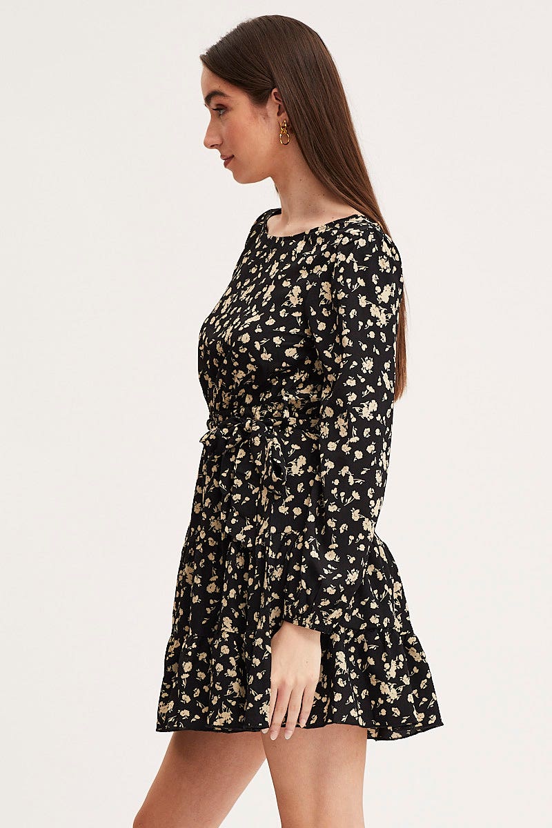 Print Mini Dress Long Sleeve Round Neck