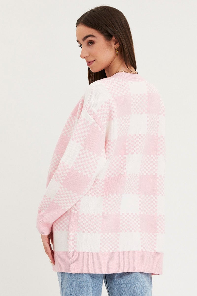 Check Knit Cardigan Long Sleeve Longline
