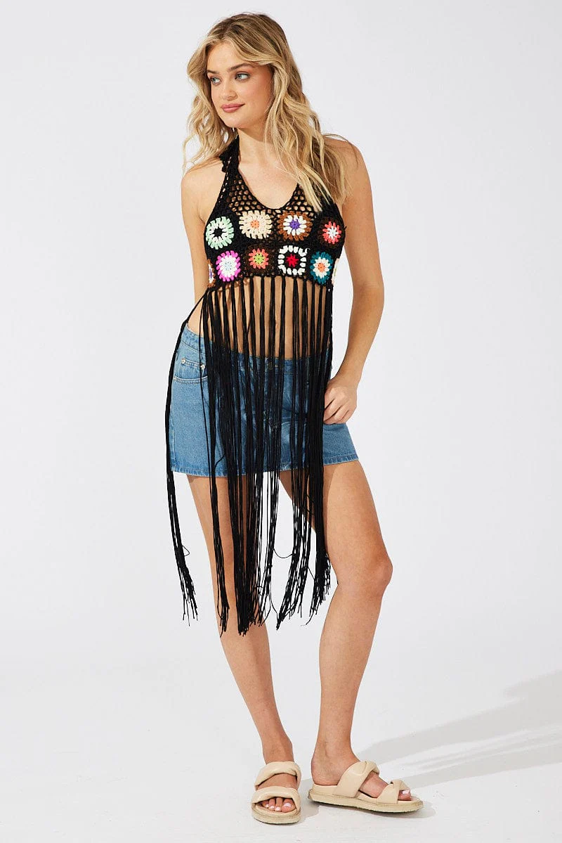 Black Crochet Knit Top Tassel