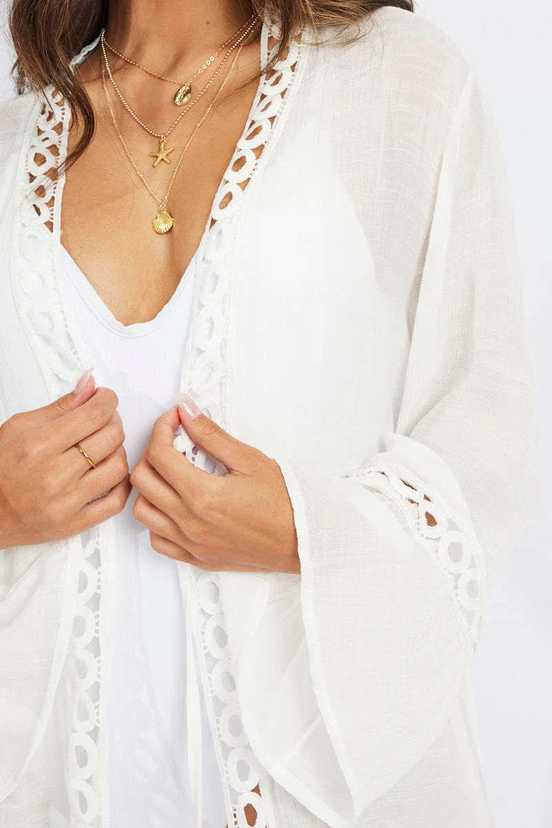 White Tie Front Kimono Long Sleeve Longline