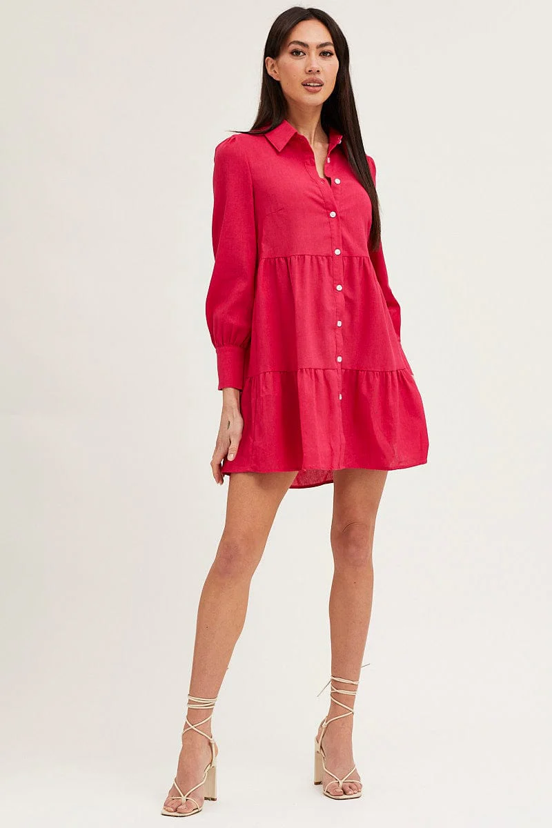 Pink Shirt Dress Long Sleeve Button Front
