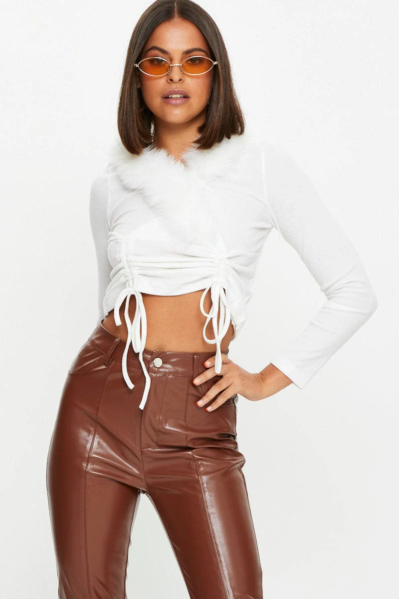 White Fur Trim Drawstring Top