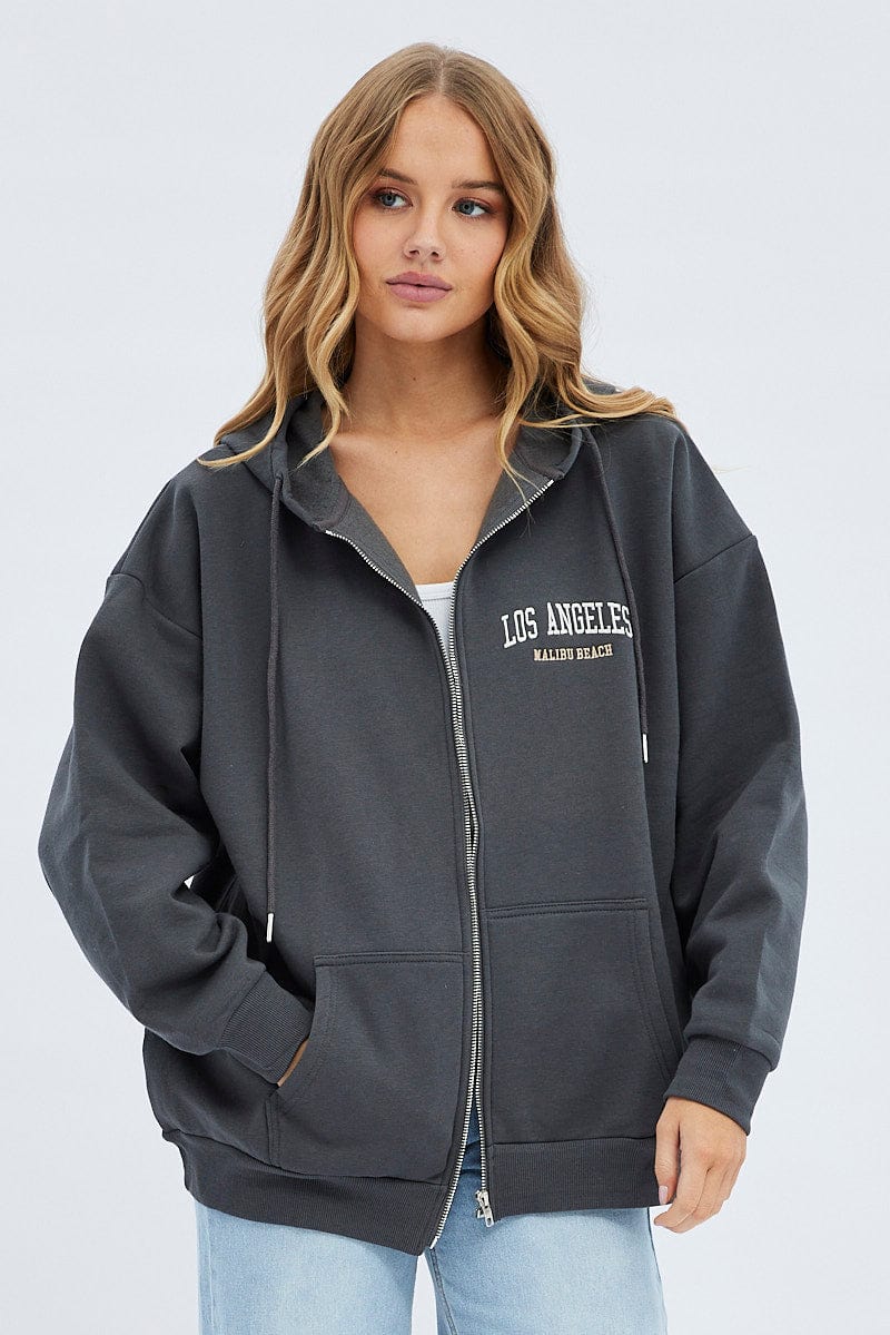 Grey Hoodie Zip Long Sleeve Embroidery