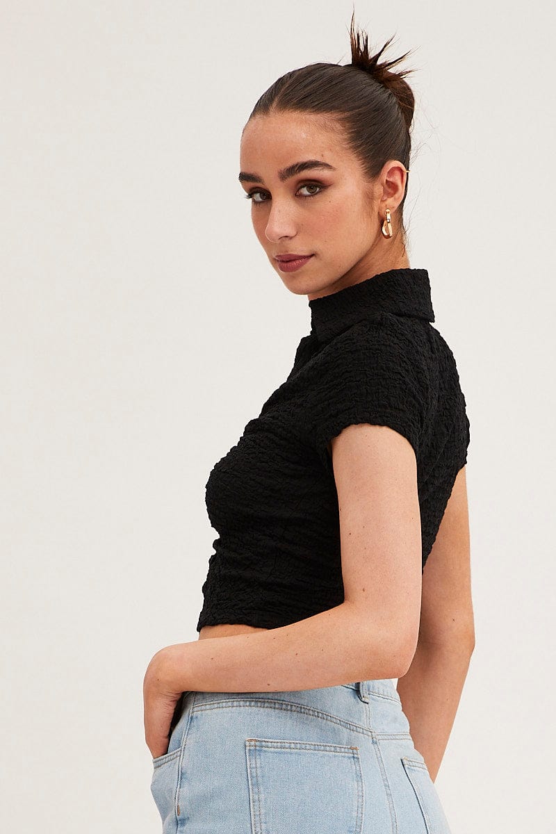 Black Crop Top Short Sleeve Collared Button Up Textured