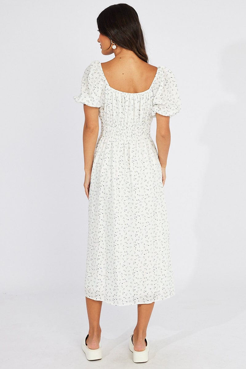 White Ditsy Midi Dress Puff Sleeve