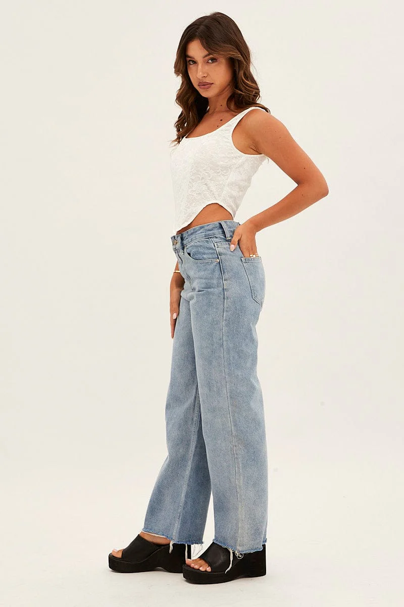 Blue Denim Jeans High Rise Wide Leg