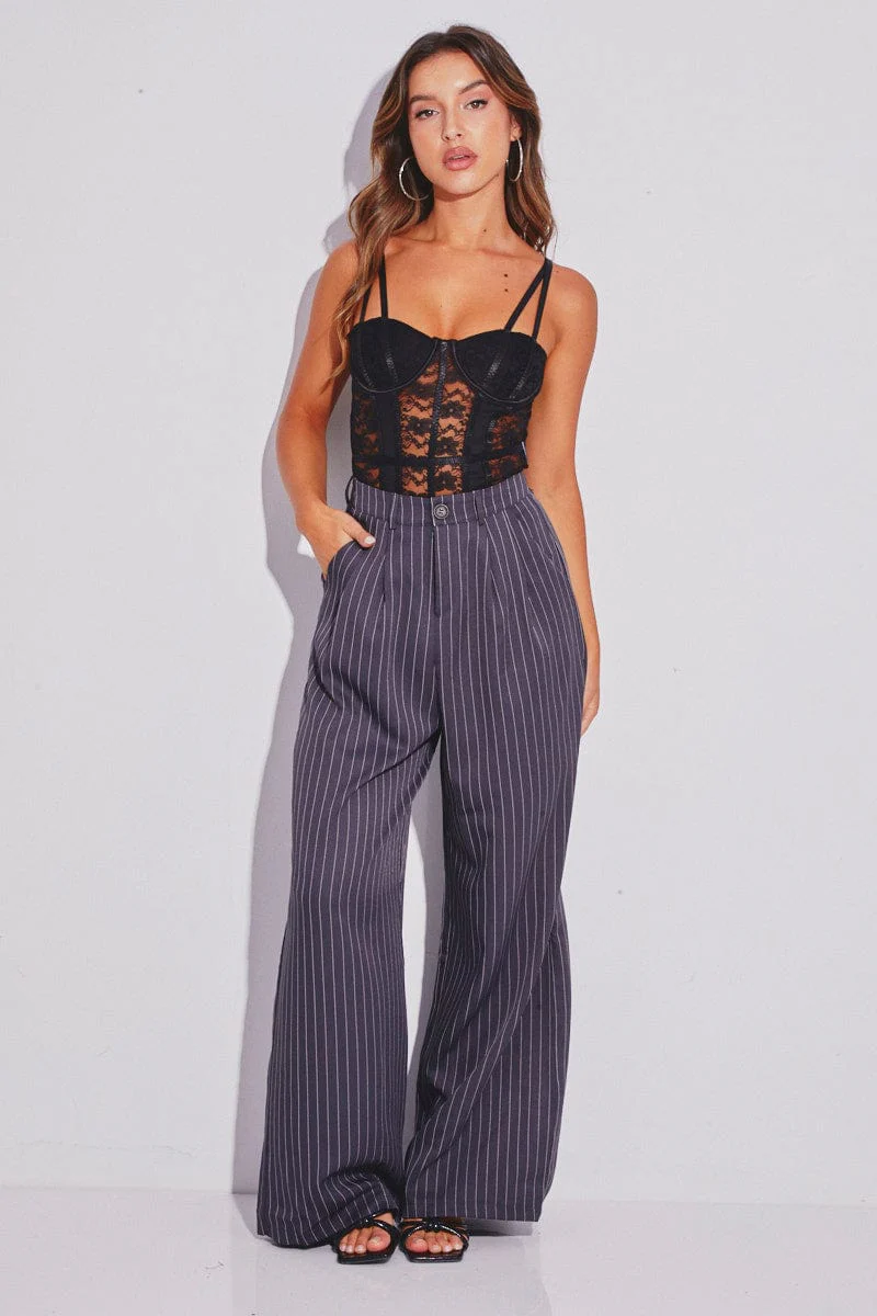 Grey Stripe Stripe Wide Leg Boyfriend Pants