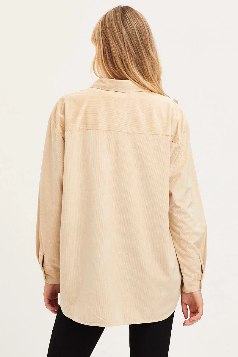 Beige Shirt Top Long Sleeve Collared Corduroy