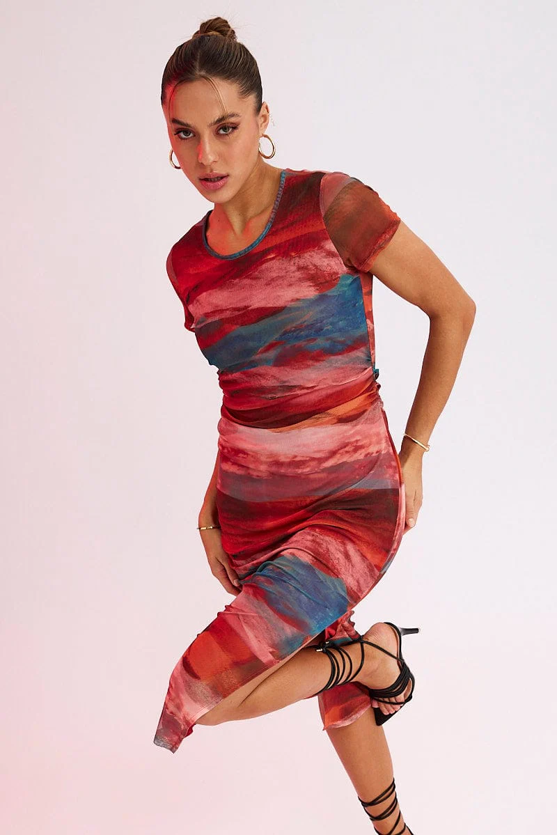 Brown Abstract Midi Dress Short Sleeve Bodycon Mesh