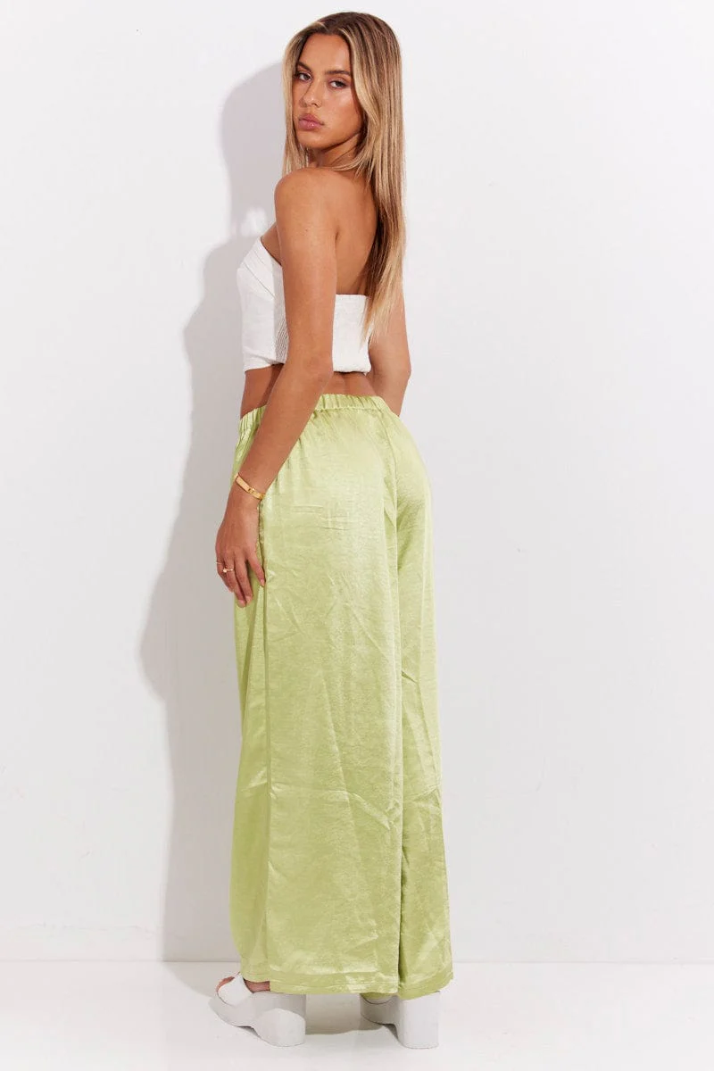 Green Pant High Elastic Waist Tie Front Wide Leg Satin