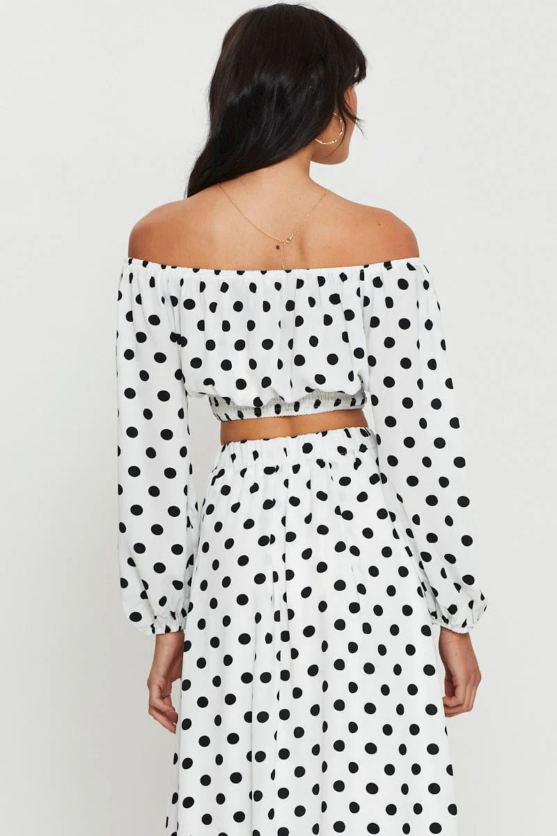 Polka Dot Crop Top Long Sleeve Off Shoulder