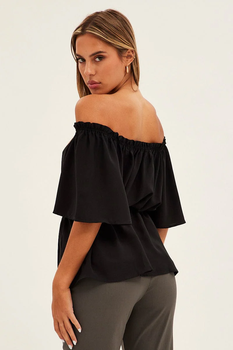 Black Top Short Sleeve Off Shoulder Longline Flutter