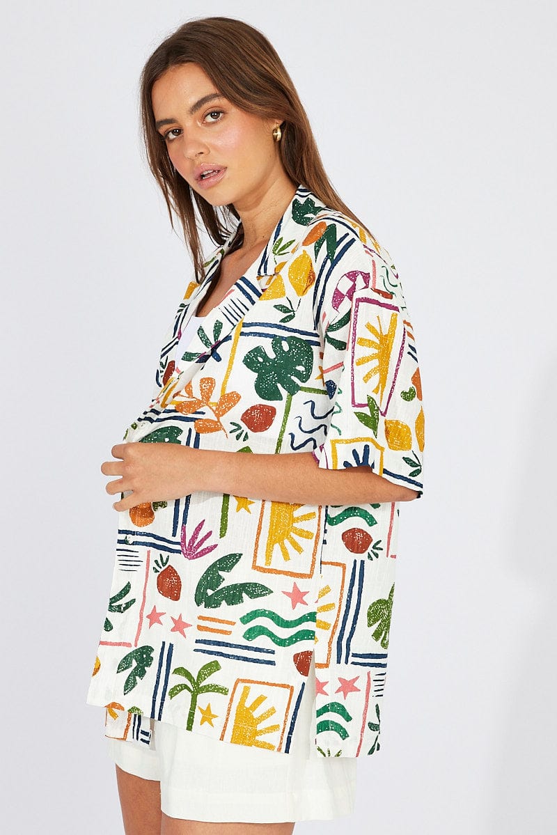 Multi Abstract Shirt Short Sleeve Linen