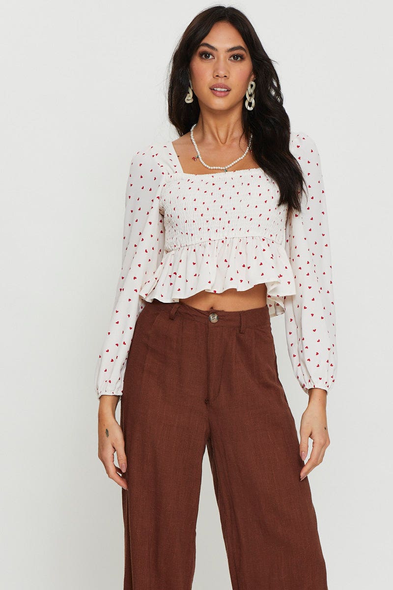 Print Crop Top Long Sleeve