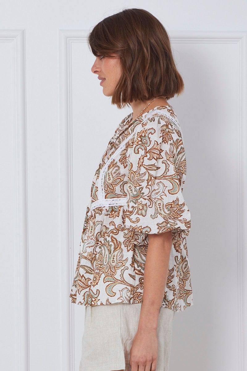 Print Relaxed Top Short Sleeve Oversized Square Neck