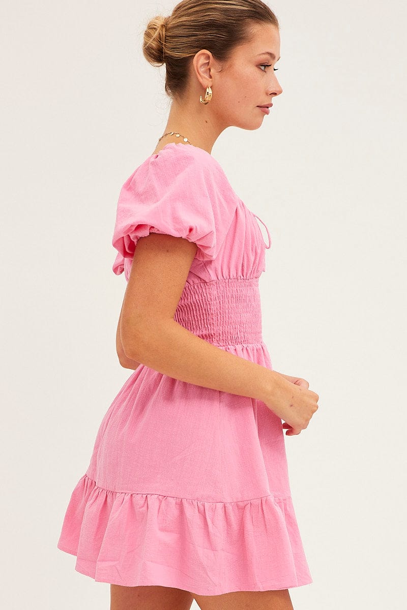 Pink Fit And Flare Dress Short Sleeve Round Neck