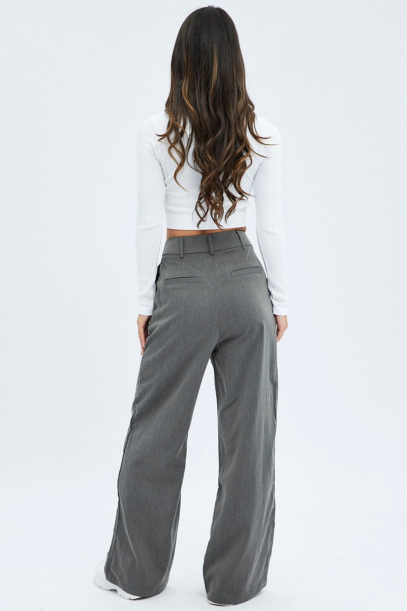 Grey Wide Leg Pants Low Rise