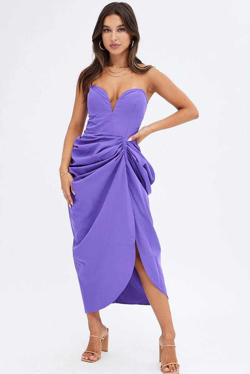 Purple Draped Dress Bandeau Midi
