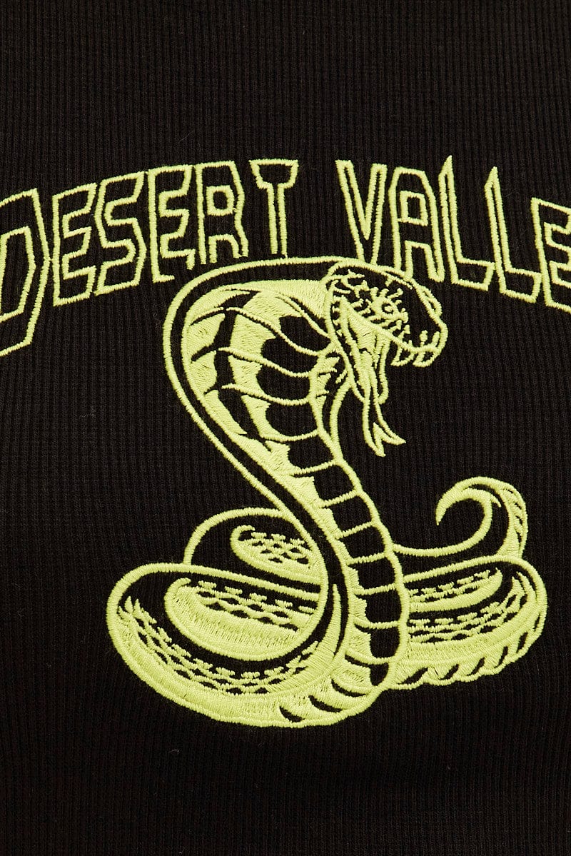 Black Tank Round Neck Embroidery Lettuce Edge Cotton Rib