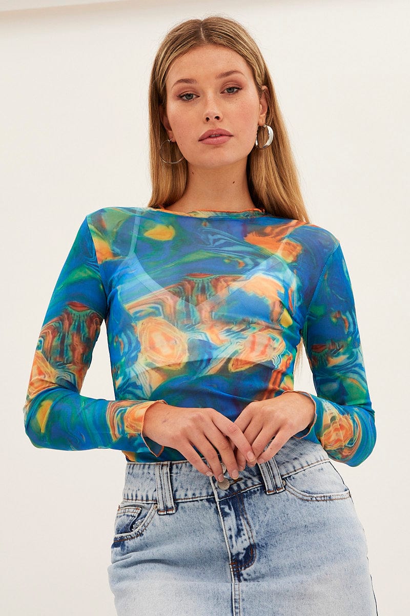 Blue Abstract Abstract Print Mesh Top