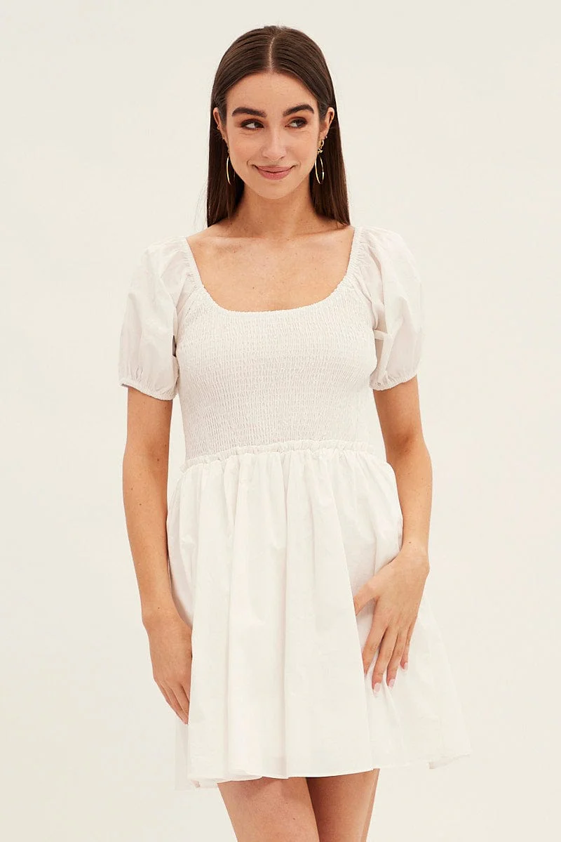 White Fit And Flare Dress Puff Sleeve Mini Poplin