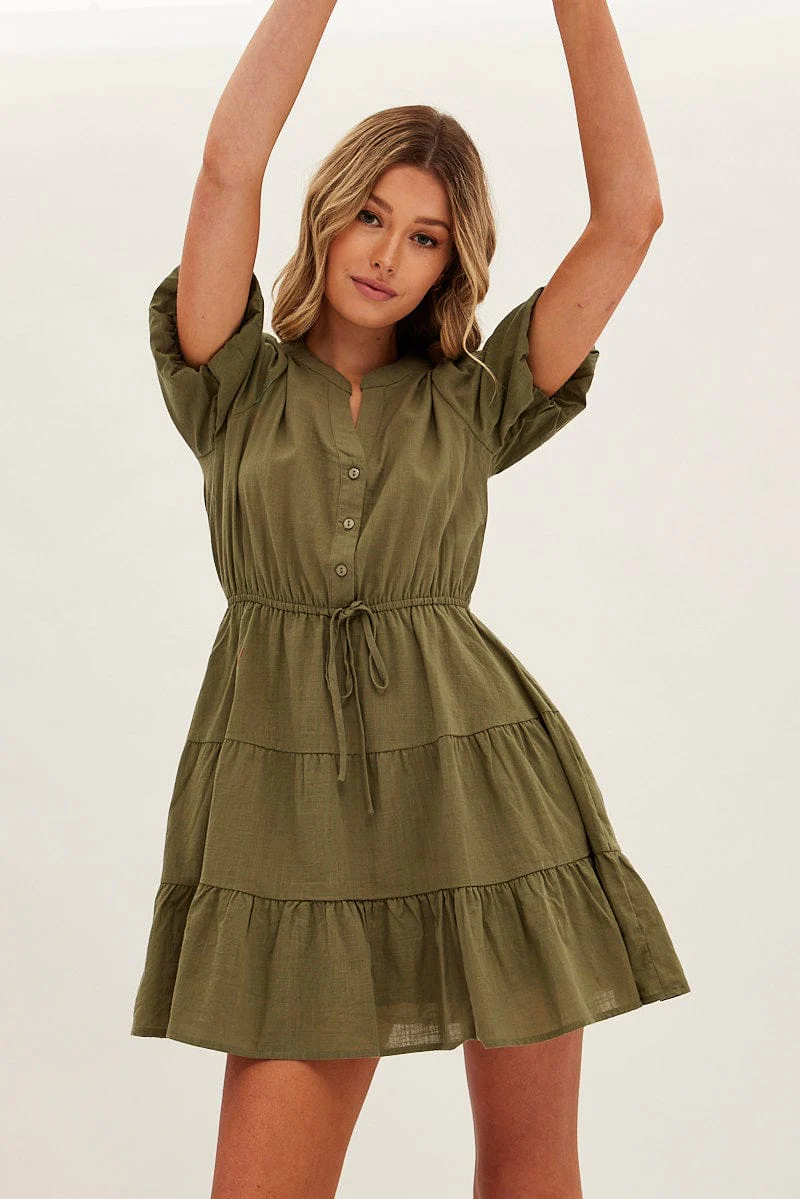 Green Shirt Dress Short Sleeve V-Neck Tiered