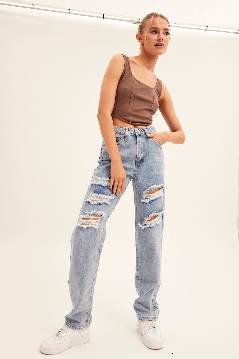 Brown Corset Crop Rib Curve Hem Tank