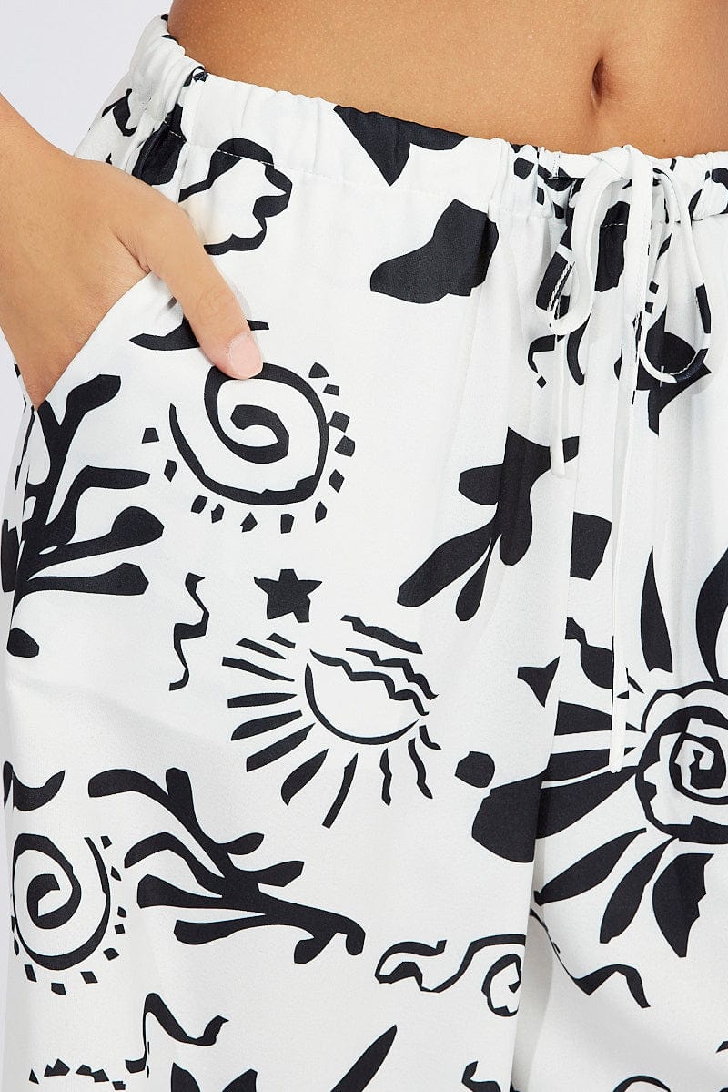 White Abstract Wide Leg Pants High Rise