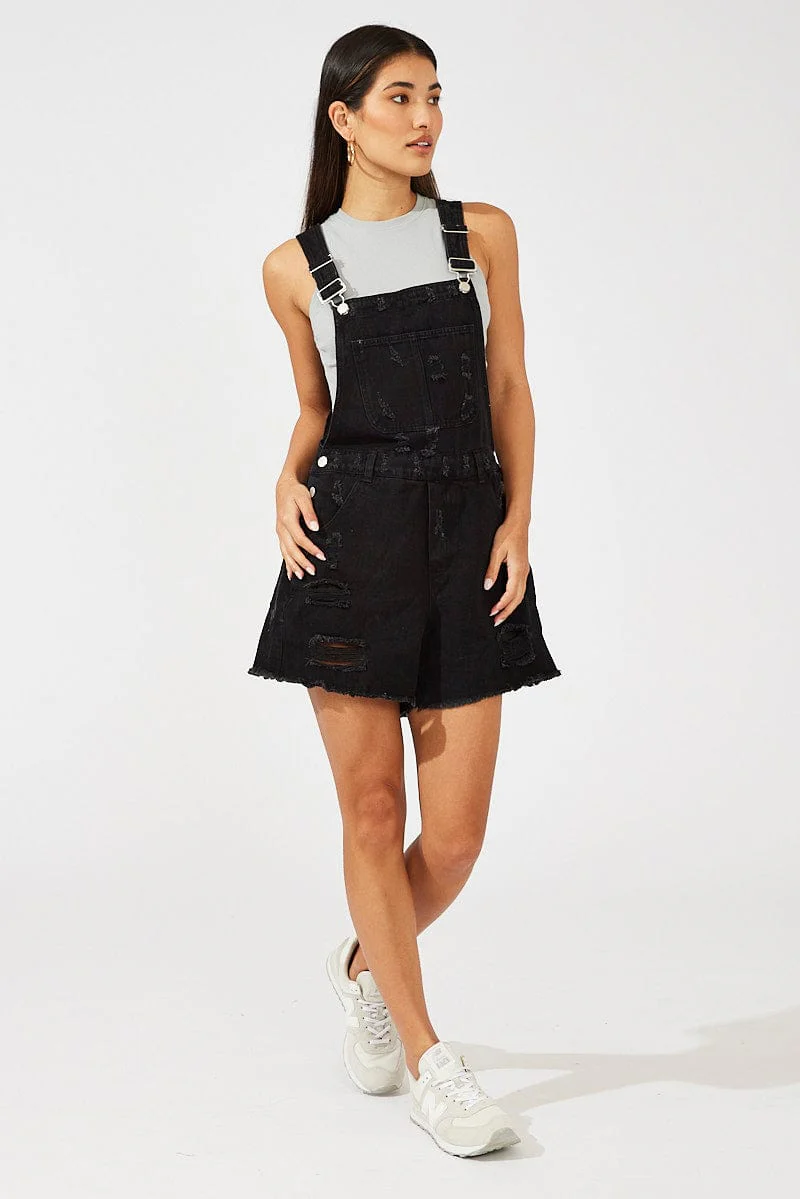 Black Short Overalls Ripped
