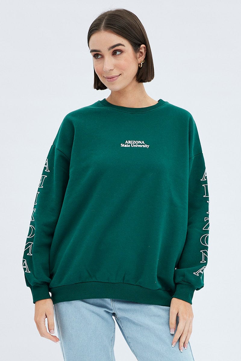 Green Graphic Sweater Long Sleeves
