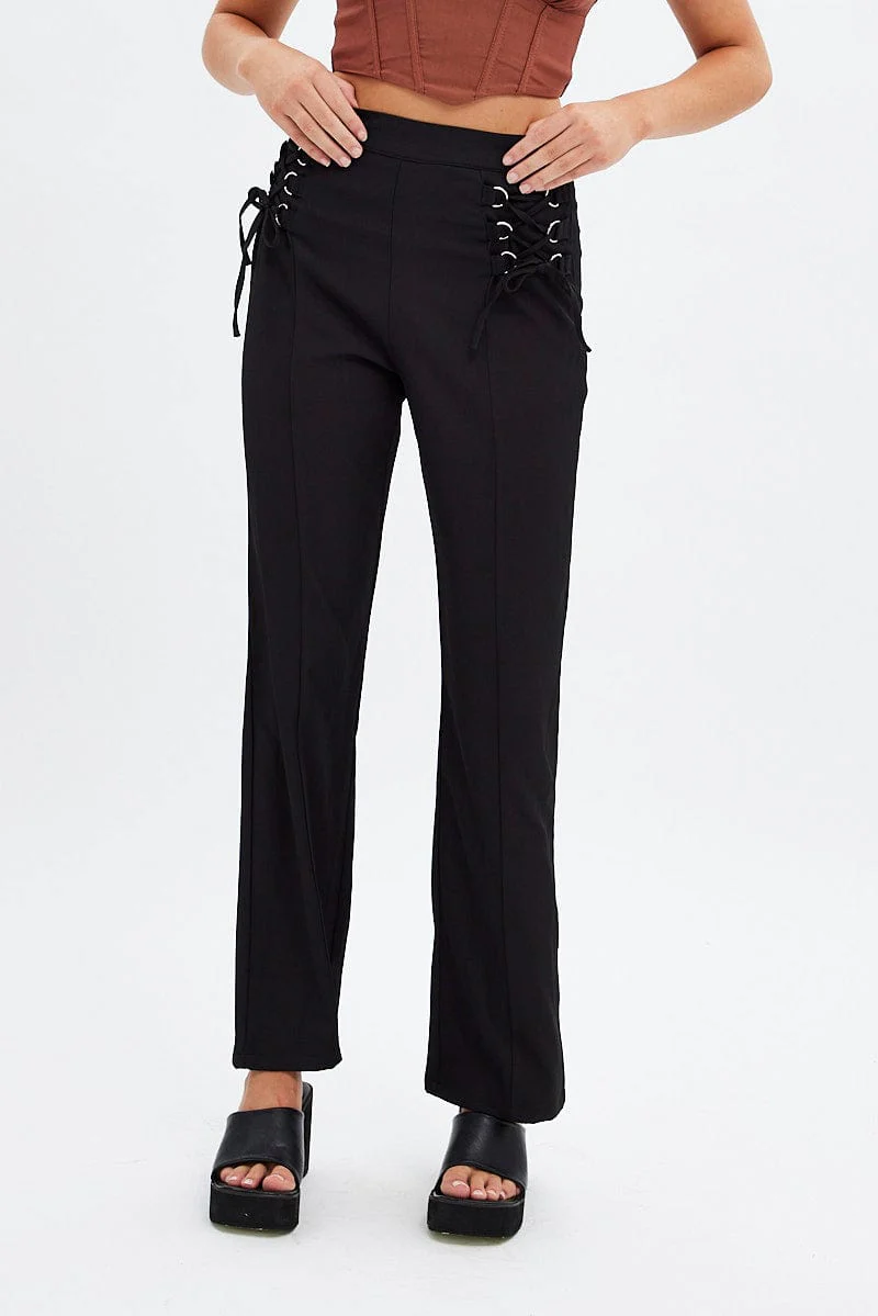 Black Straight Leg Pants High Rise Tailored Lace Up