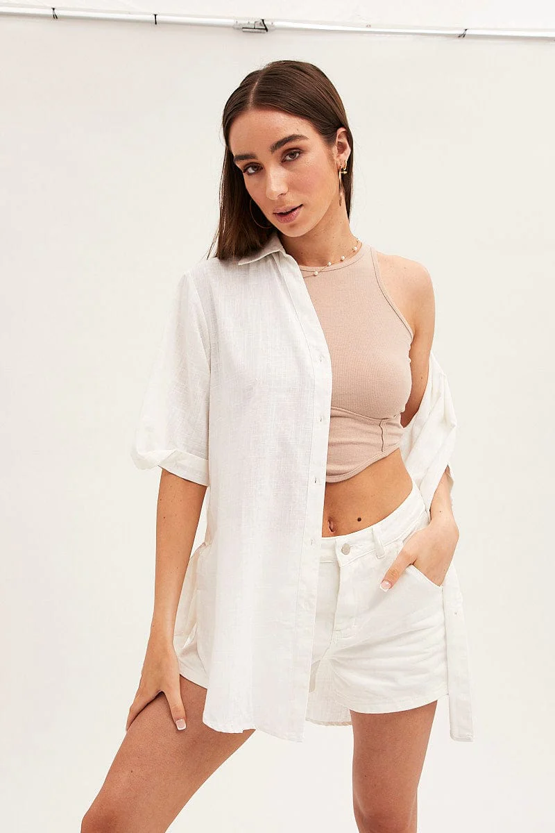 White Long Line Roll Sleeve Collared Button Front Shirt