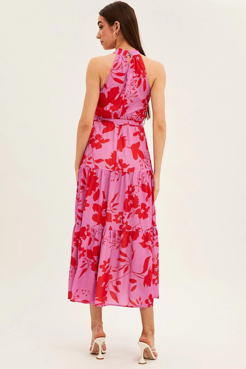 Pink Floral Halter Neck Floral Maxi Dress