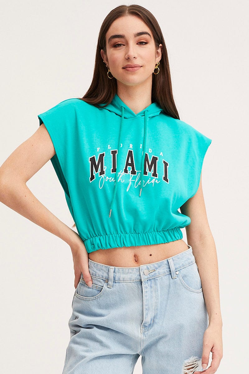 Green Crop Hooded Sweat Short Sleeve