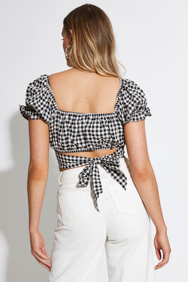 Check Crop Top Short Sleeve Tie Up
