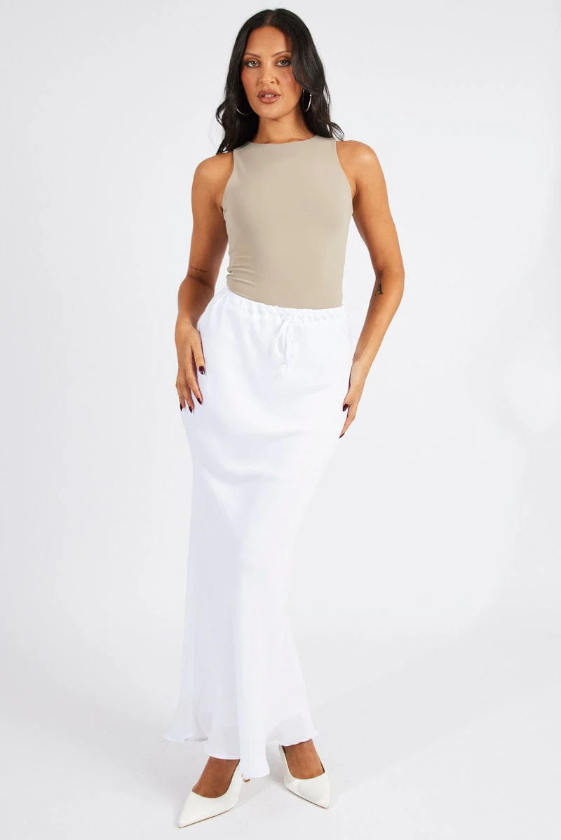 White Drawstring Satin Maxi Skirt