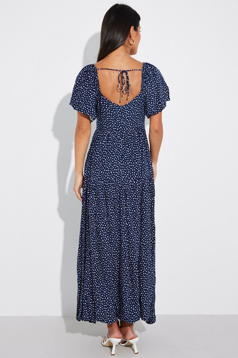 Blue Ditsy Maxi Dress Square Neck Tiered