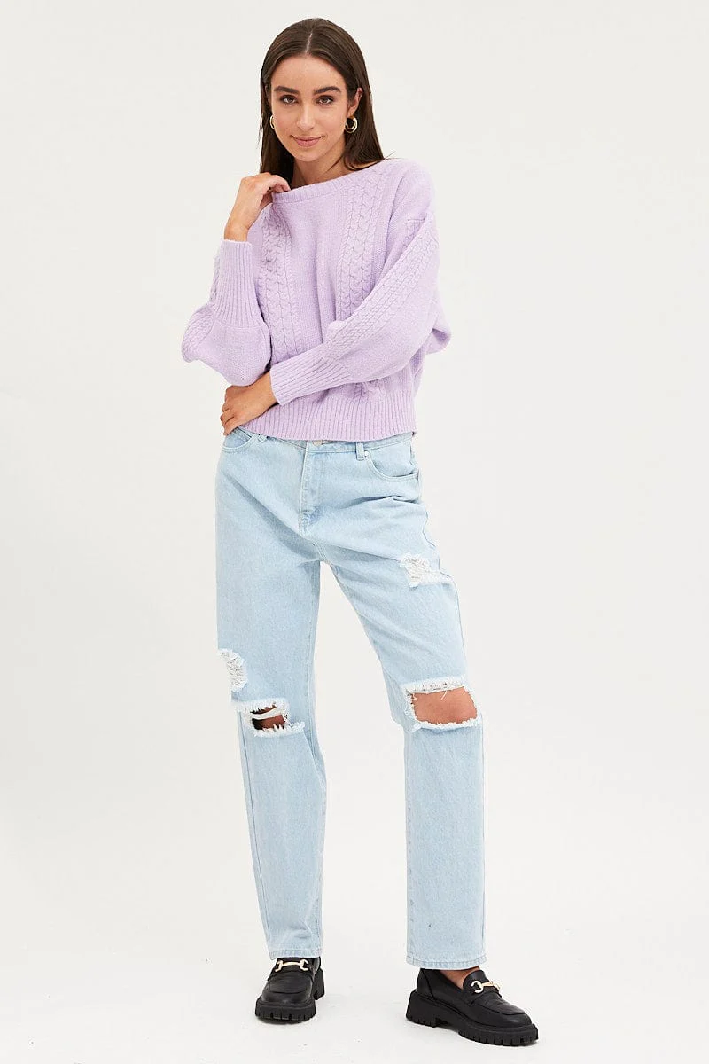 Purple Knit Top Long Sleeve Cable