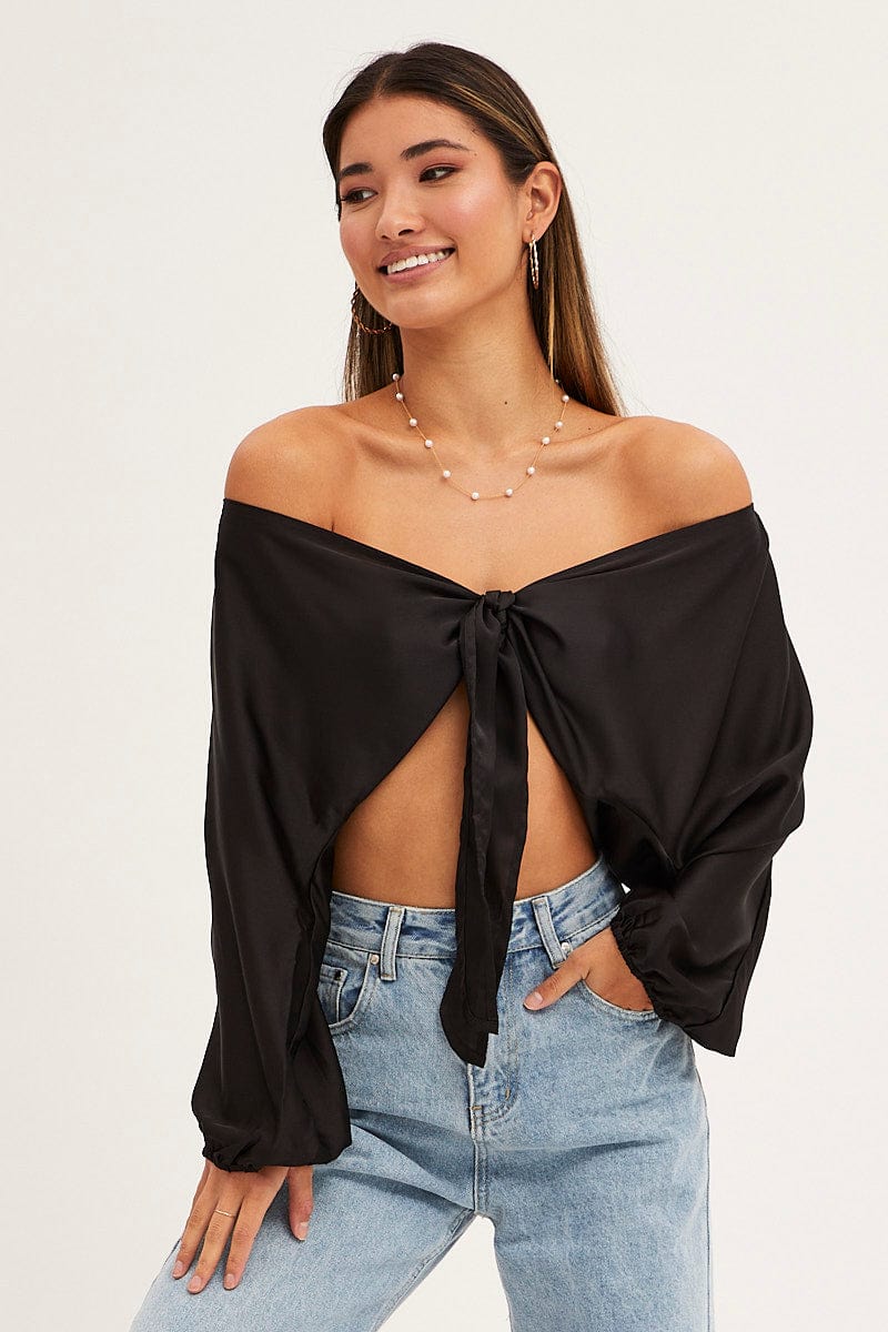 Black Bolero 3/4 Sleeve Tie Front Crop Satin