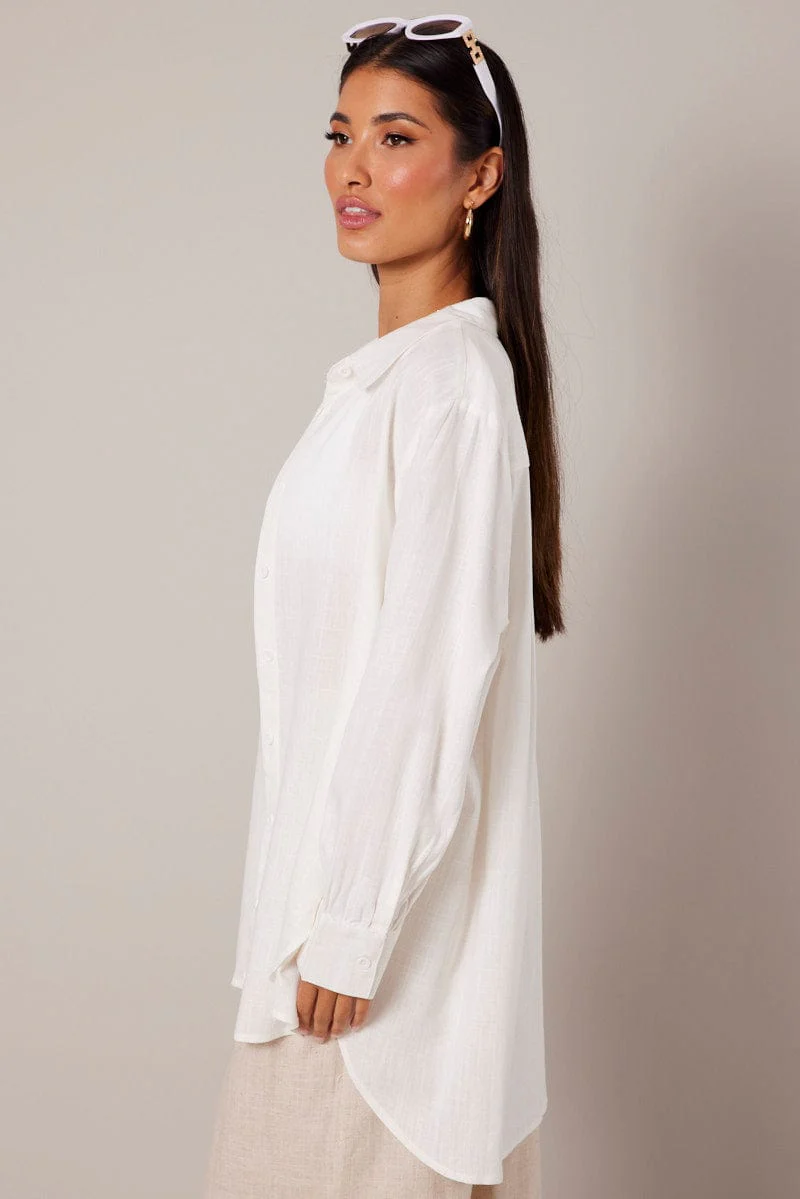 White Relaxed Shirt Long Sleeve Textured