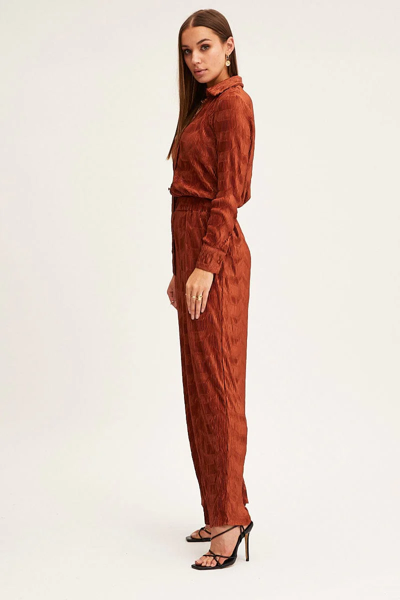 Brown Plisse Pants Wide Leg High Rise