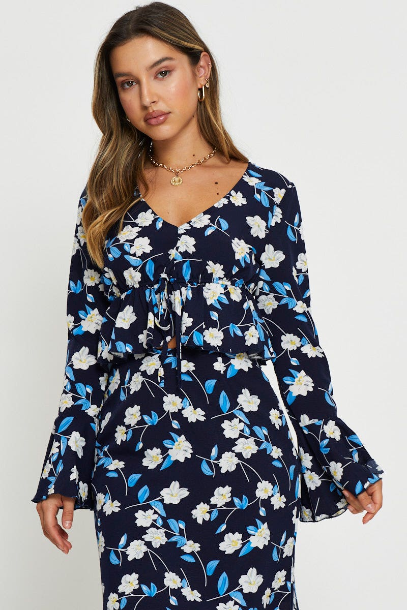 Print Peplum Top Long Sleeve Off Shoulder