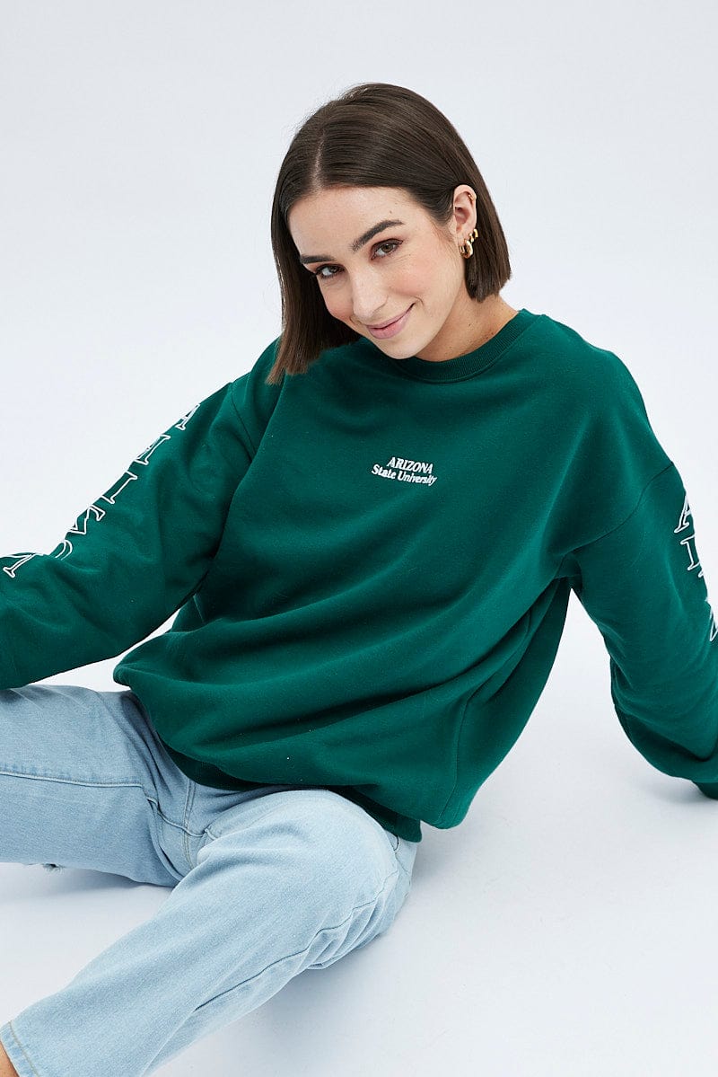 Green Graphic Sweater Long Sleeves