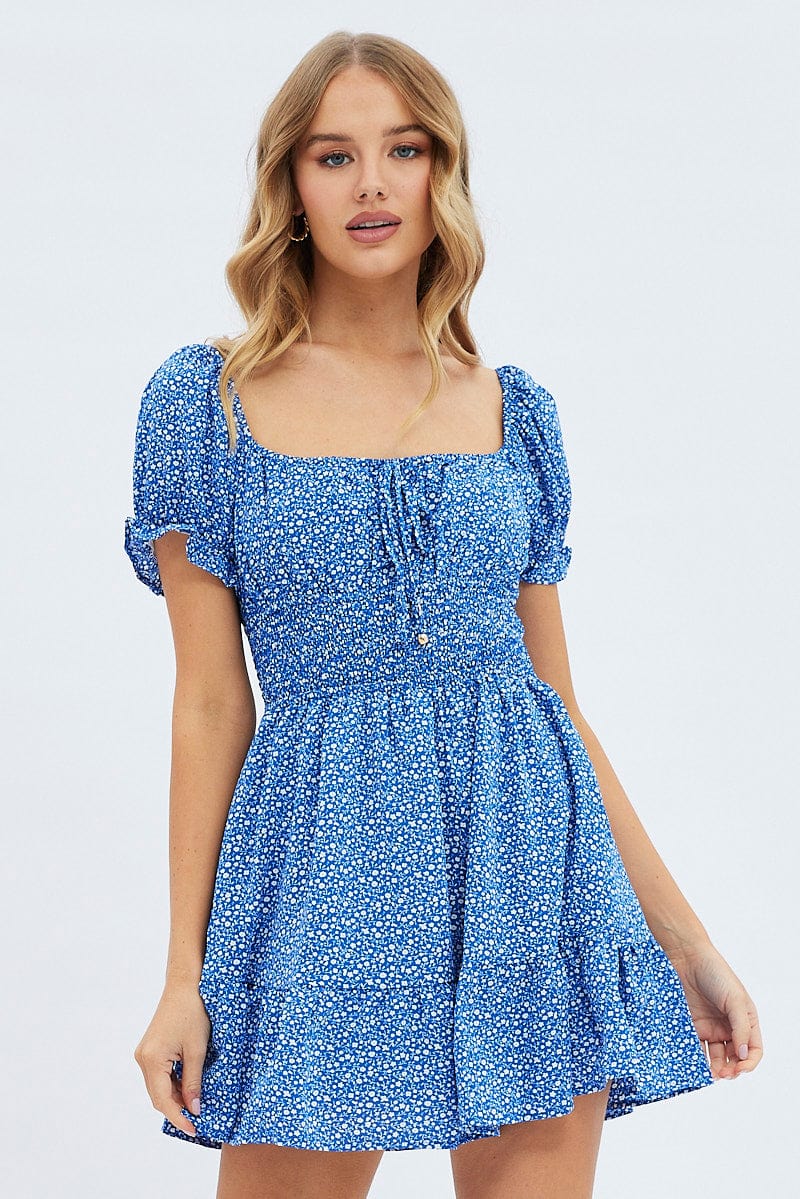 Blue Floral Fit And Flare Dress Short Sleeve Mini
