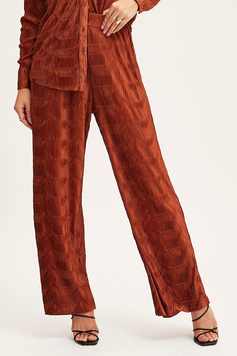Brown Plisse Pants Wide Leg High Rise