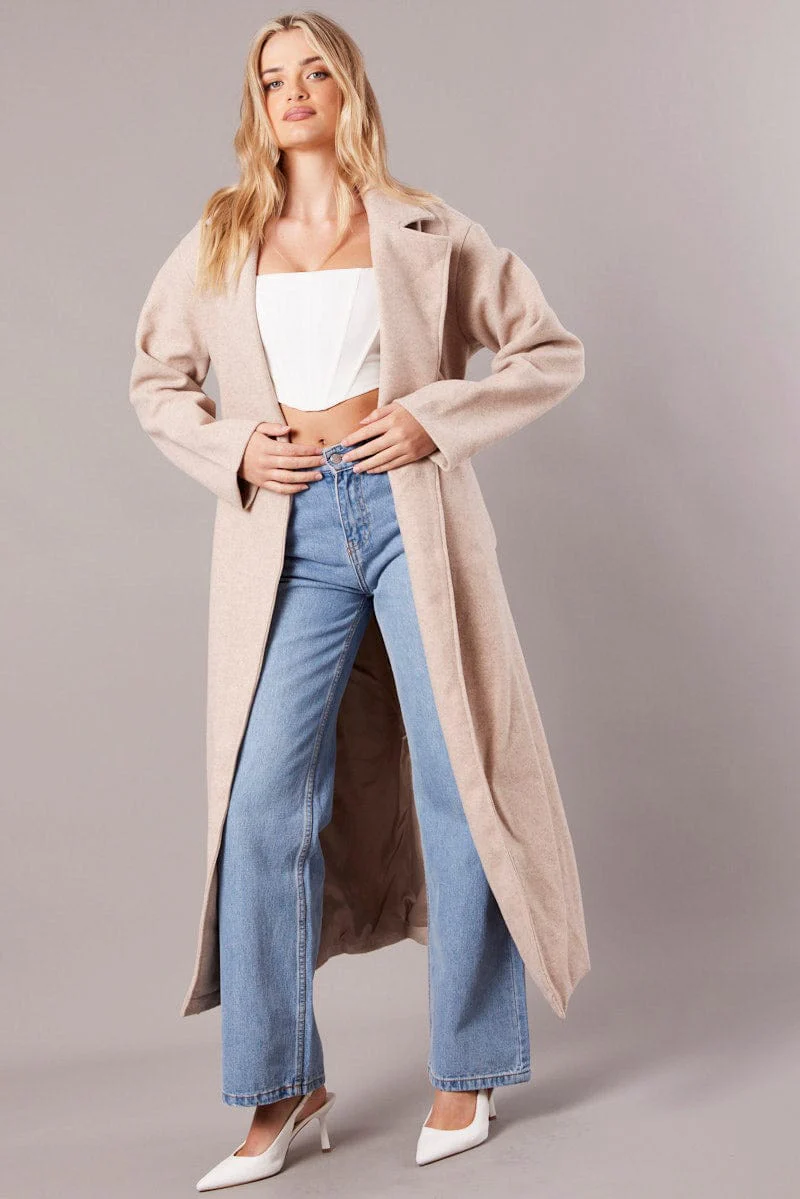 Beige Long Coat Long Sleeve Tie Front