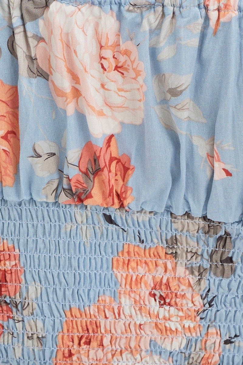 Print Crop Top Short Sleeve Shirred Waist