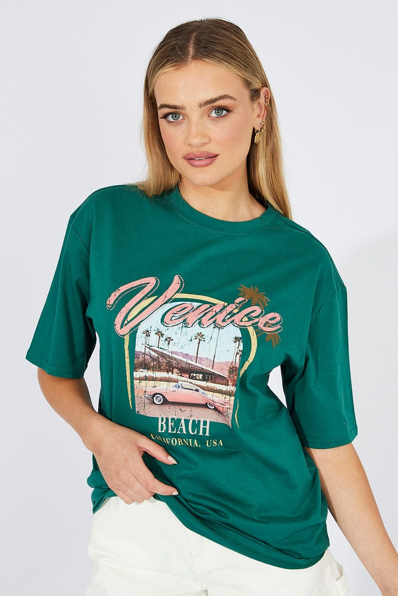 Green T Shirt Short Sleeve Crew Neck Venice Beach Cotton